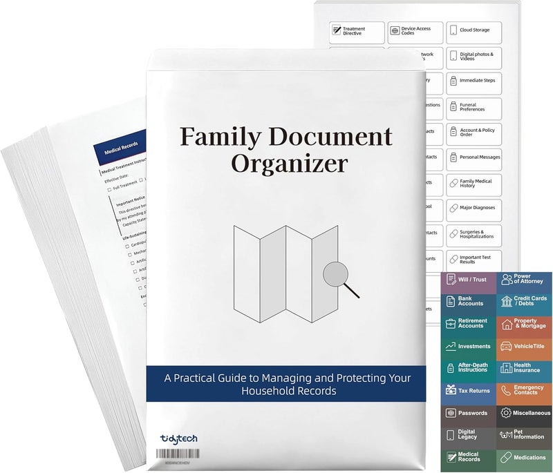 TIDY TECH Family Document Organizer Guide, Filing System with Step-by-Step Instructions for Estate Planning, Personal Records, Next of Kin Kit (18 Category Labels and 97 Sub-Labels) - Image 1